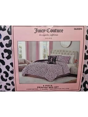 Juicy Couture Queen 4 Pc Comforter Set Pink / Black Leopard Print Pillow Shams